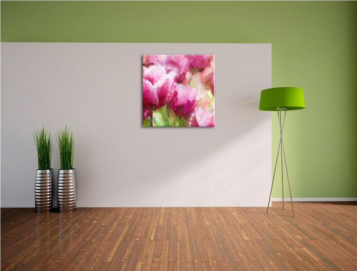 Pixxprint Tulpen mit Morgentau als Leinwandbild Quadratisch/Grösse: 70x70 / Wandbild/Kunstdruck/fert