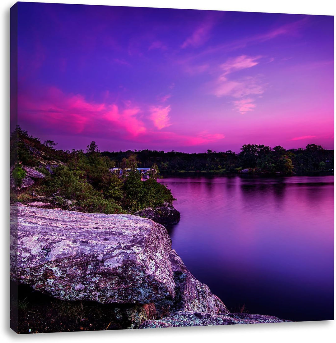 Lila Seelandschaft, Format: 70x70 auf Leinwand, XXL riesige Bilder fertig gerahmt mit Keilrahmen, Ku