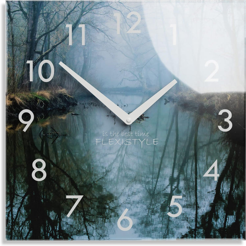 Wanduhr küche Wohnzimmer 30 x 30 cm, aus Glas, mit Direktdruck eckig modern (FLUSS), FLUSS