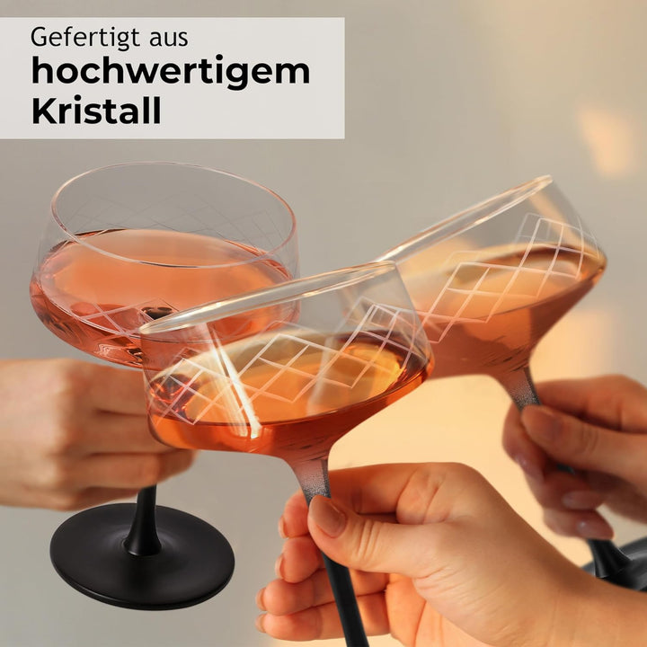 MIAMIO - 280 ml Coupe Gläser 4er Set mit Barlöffel, handgefertigte Kristall Cocktailgläser mit schwa