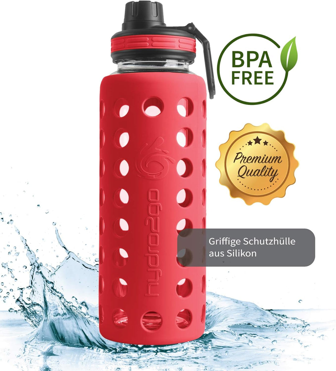 hydro2go® Trinkflasche aus Glas mit Silikonhülle 950 ml - spülmaschinenfest | 2 auswechselbare Decke