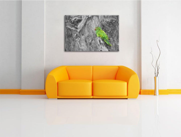 schöner Papagei im Gehölz schwarz/weiss Deluxe Format: 100x70 cm auf Leinwand, XXL riesige Bilder fe