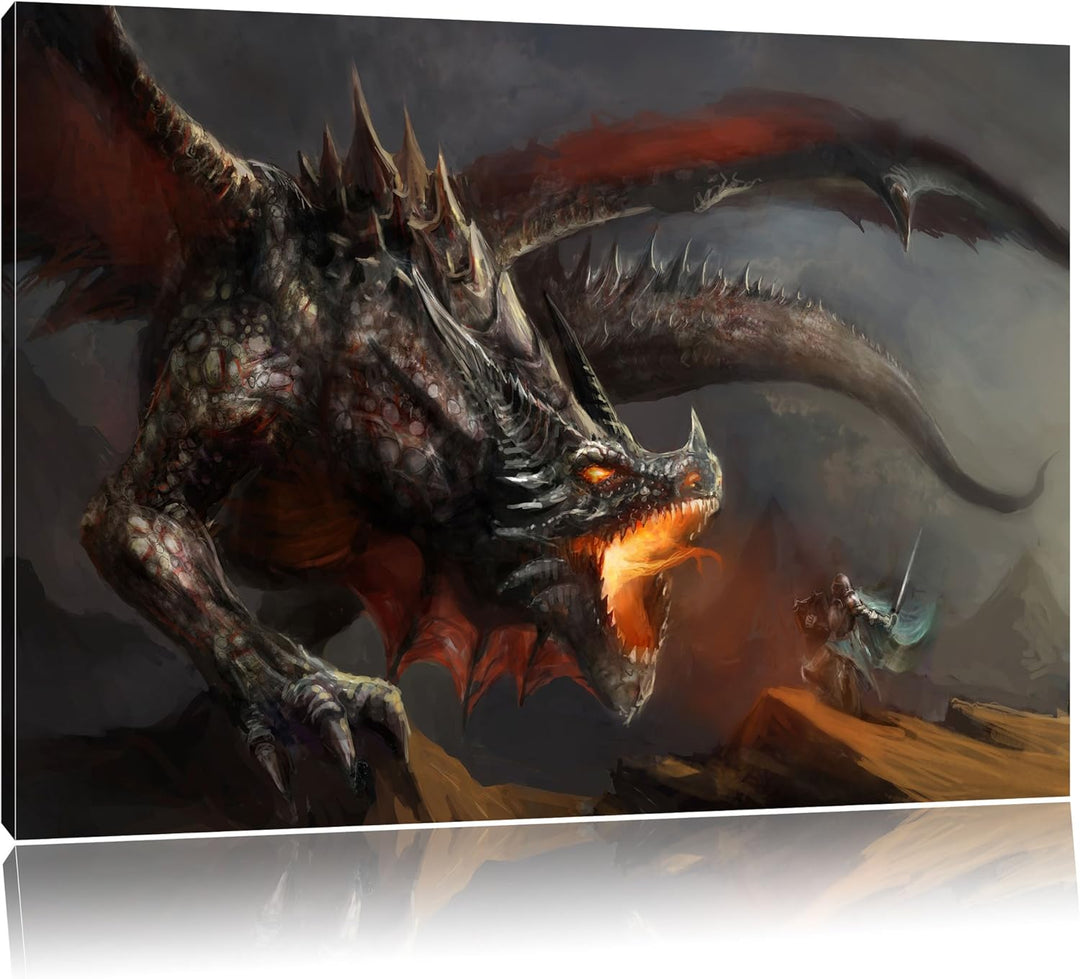 Pixxprint Kampf zwischen Mensch und Drache als Leinwandbild/Grösse: 100x70 cm/Wandbild/Kunstdruck/fe
