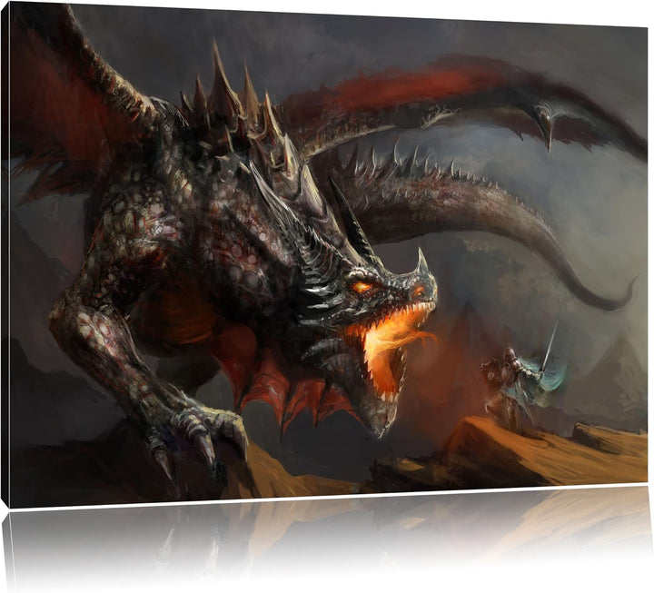Pixxprint Kampf zwischen Mensch und Drache als Leinwandbild/Grösse: 100x70 cm/Wandbild/Kunstdruck/fe