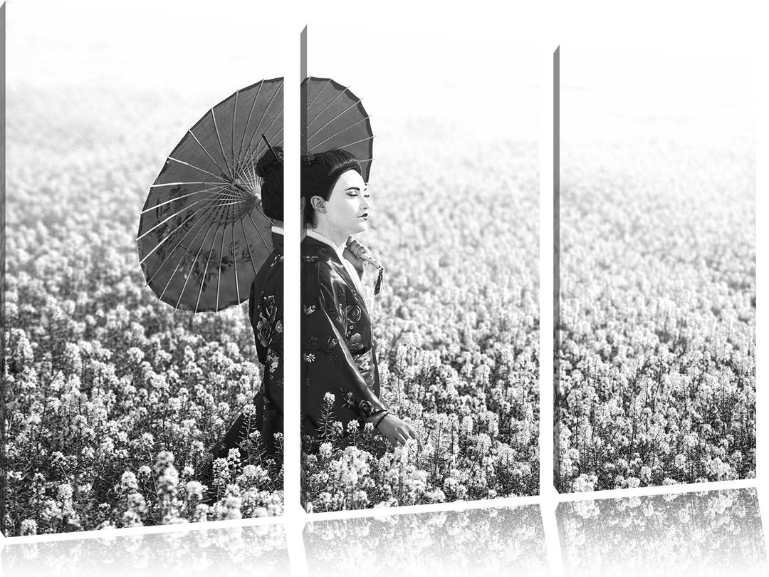 Pixxprint Geisha auf dem Feld Kunst B&W / 3-Teilig/Gesamtmass 120cm Leinwandbild bespannt auf Holzra