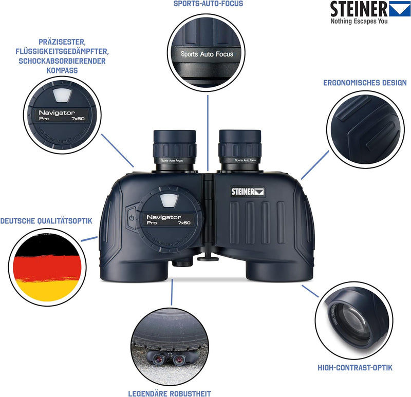 STEINER Marine-Fernglas Navigator Pro 7x50c - HD-stabilisierter Kompass, deutsche Qualitätsoptik, 5m