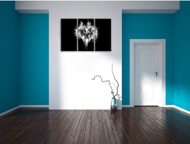 Pixxprint Monocrome, Dark Herz aus Feuer und Wasser 3-Teiler Leinwandbild 120x80 Bild auf Leinwand