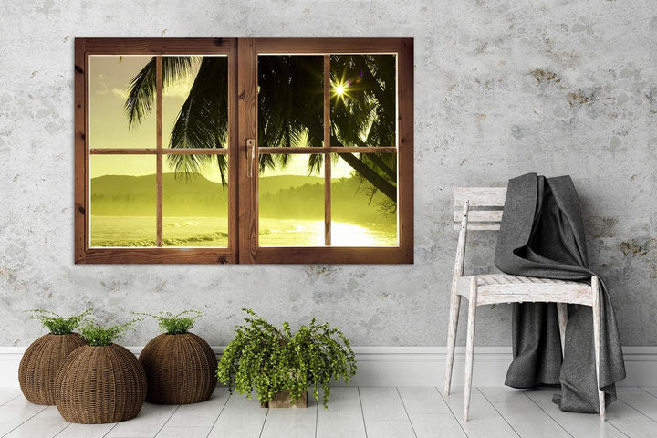 Febby Vlies Leinwandbild XXL Geschlossenes Fenster 3D-Illusion Tropen 120x80 cm Wandbild Kunst Bilde
