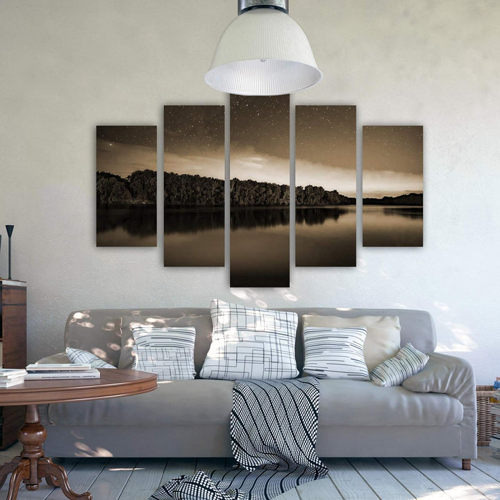 Bilder Landschaft 100x70 cm - Leinwandbild - 5 Teilig - Kunstdruck See Wald Sepia Leinwandbild 100x7