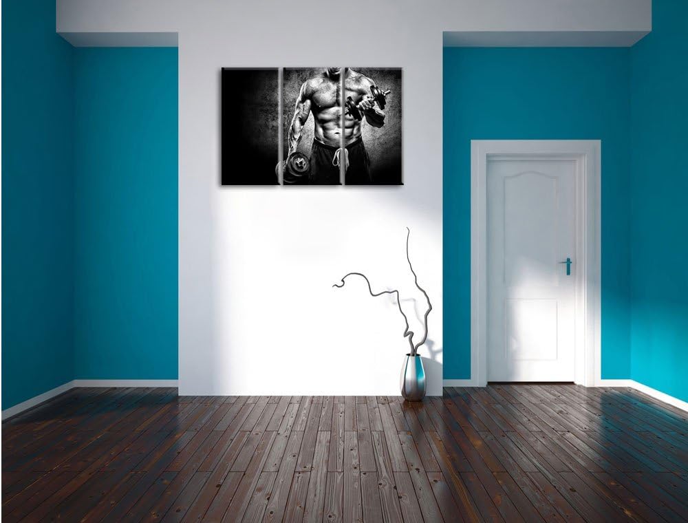 Pixxprint Monocrome, Starker Bodybuilder mit Hantel 3-Teiler Leinwandbild 120x80 Bild auf Leinwand