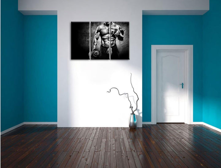 Pixxprint Monocrome, Starker Bodybuilder mit Hantel 3-Teiler Leinwandbild 120x80 Bild auf Leinwand