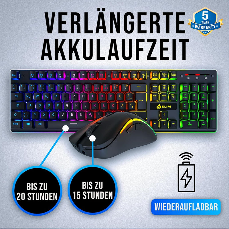KLIM Thunder Wireless Gaming Keyboard und Maus Combo - New 2023 - Wireless Backlit Tastatur mit lang