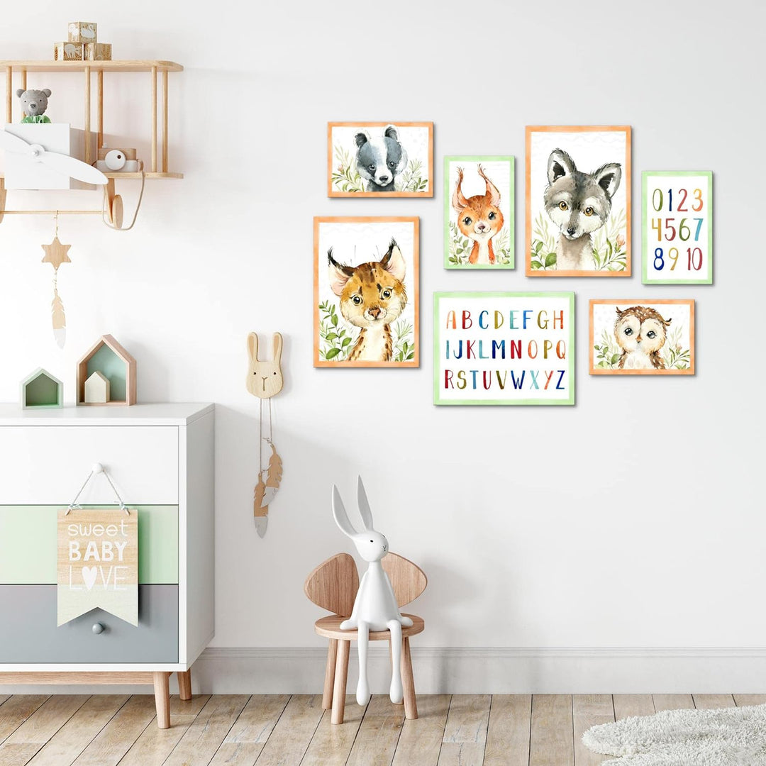 Novart Wandbilder Waldtiere - KOMPLETT AUFHÄNGFERTIG - Grau Kinderzimmer Mädchen Junge- 7 Moderne Mo