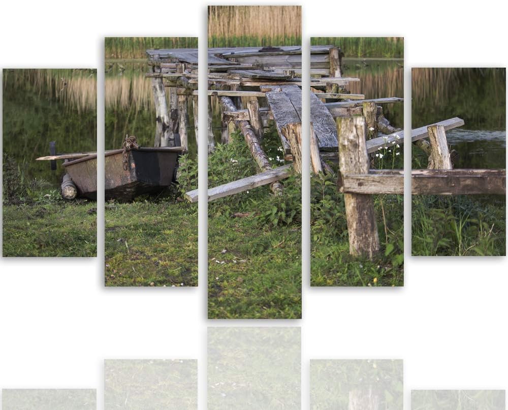 Feeby Bild auf Leinwand Landschaft 5 Teilig Modern Natur Wasser Brücke grün 200x100 cm Leinwandbild
