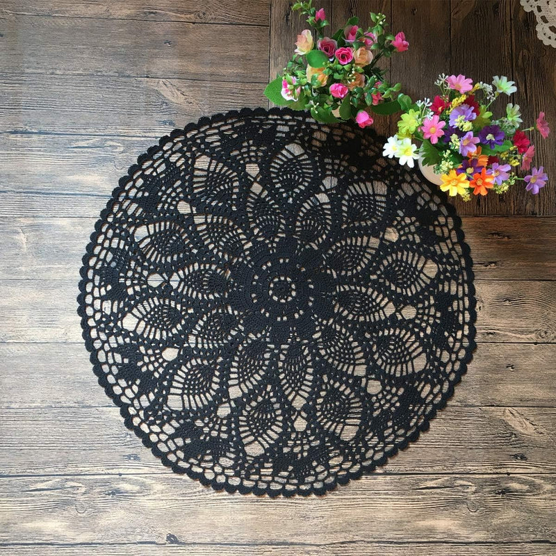 MINDPLUS Baumwolle Hand Häkeln Deckchen Spitze Gehäkelt Tischdecke Deckchen Tischset 60 cm Rund Schw