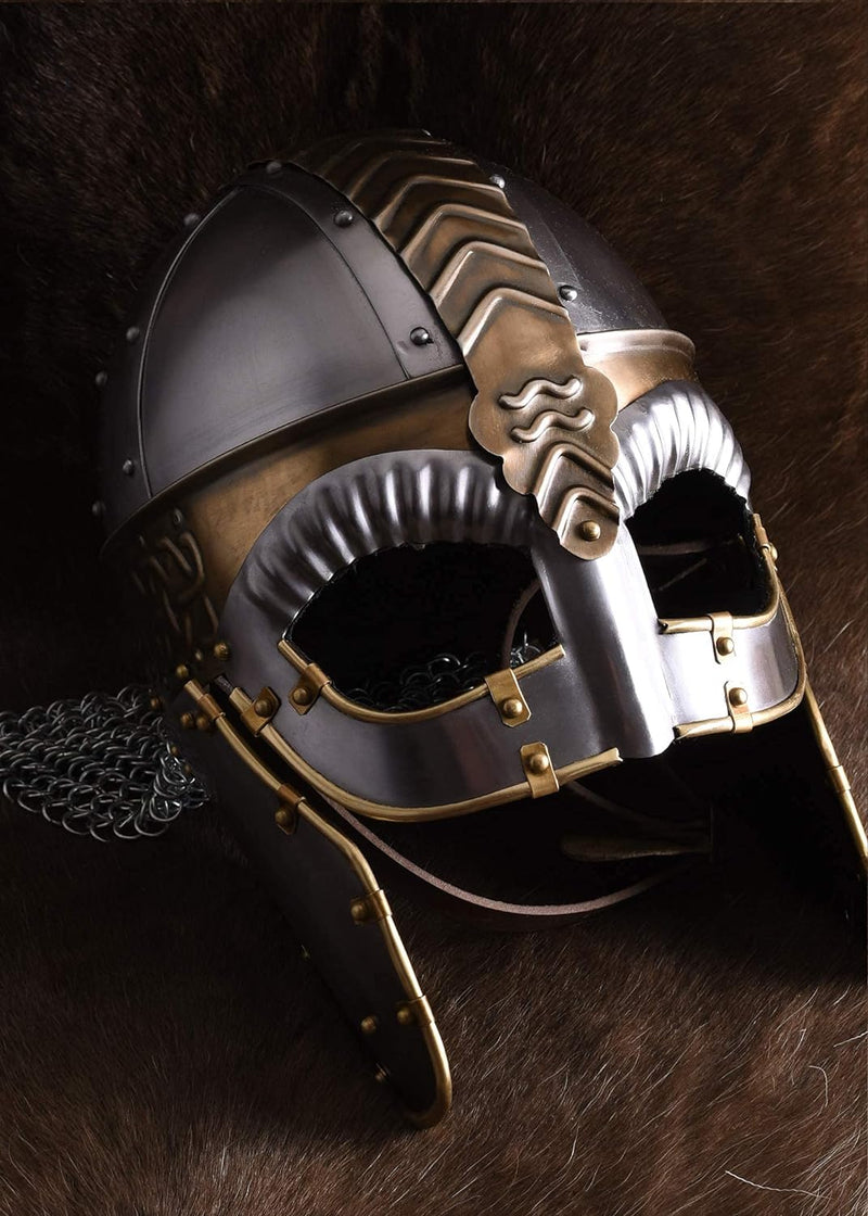 Battle-Merchant Brillenhelm Beowulf mit Wangenklappen und Kettenbrünne mit verstellbarem Lederinlay