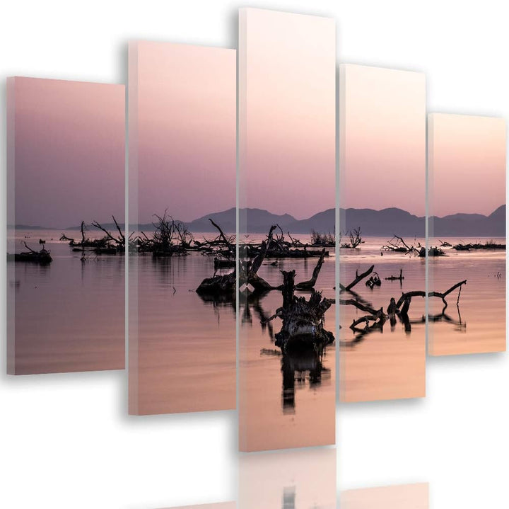 Feeby Wanddeko XXL Landschaft Leinwandbild 5 Teilig Natur Wasser Himmel violett 250x120 cm Leinwandb