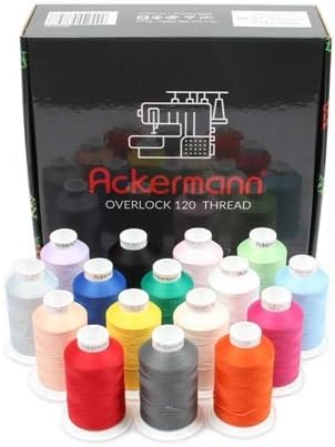 Ackermann Overlock Bauschgarn Nähgarn 16x 1.000m Box, Stärke 120, 100% Polyester