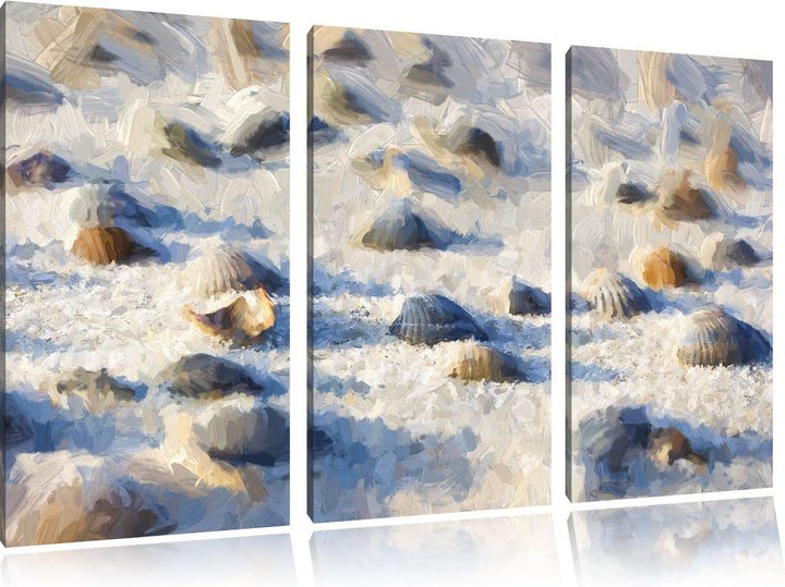 Pixxprint Muscheln im Sand Kunst als Leinwandbild/Grösse: 3 Teilig (120x80) cm/Wandbild/Kunstdruck/f