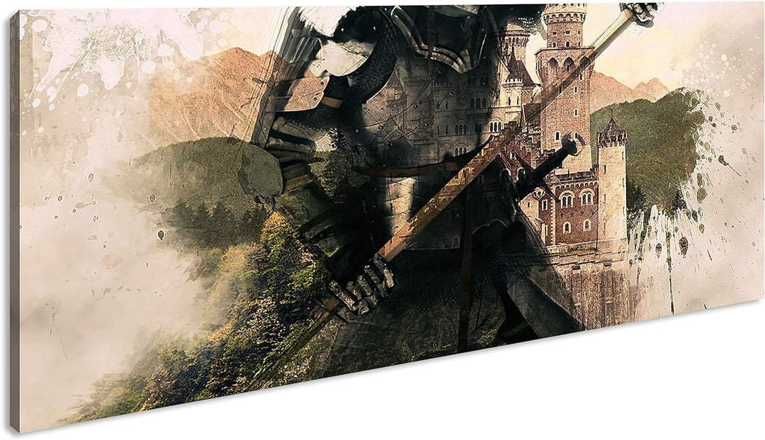 Mittelalter - Illustration Panorama 60x30 cm als Leinwandbild, Motiv fertig gerahmt auf Echtholzrahm