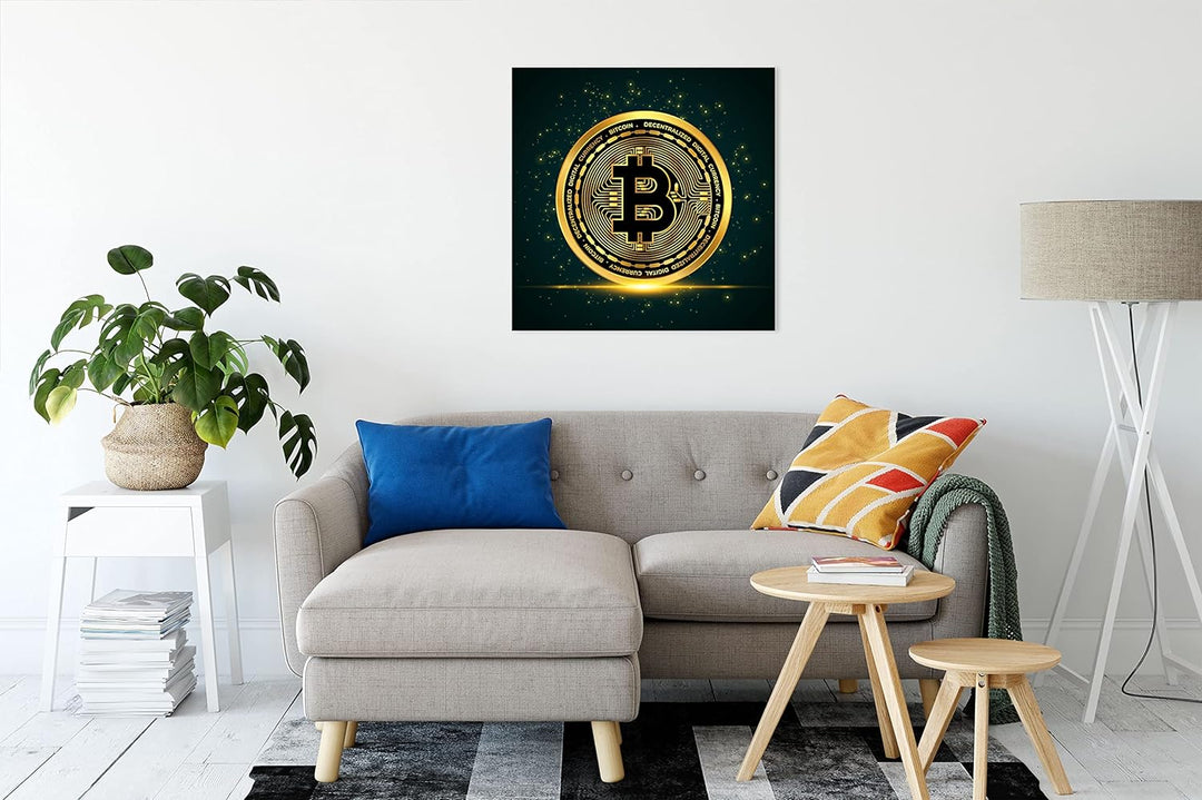 Pixxprint funkelnder Bitcoin BTC als Leinwandbild Quadratisch| Grösse: 60x60 cm | Wandbild | Kunstdr