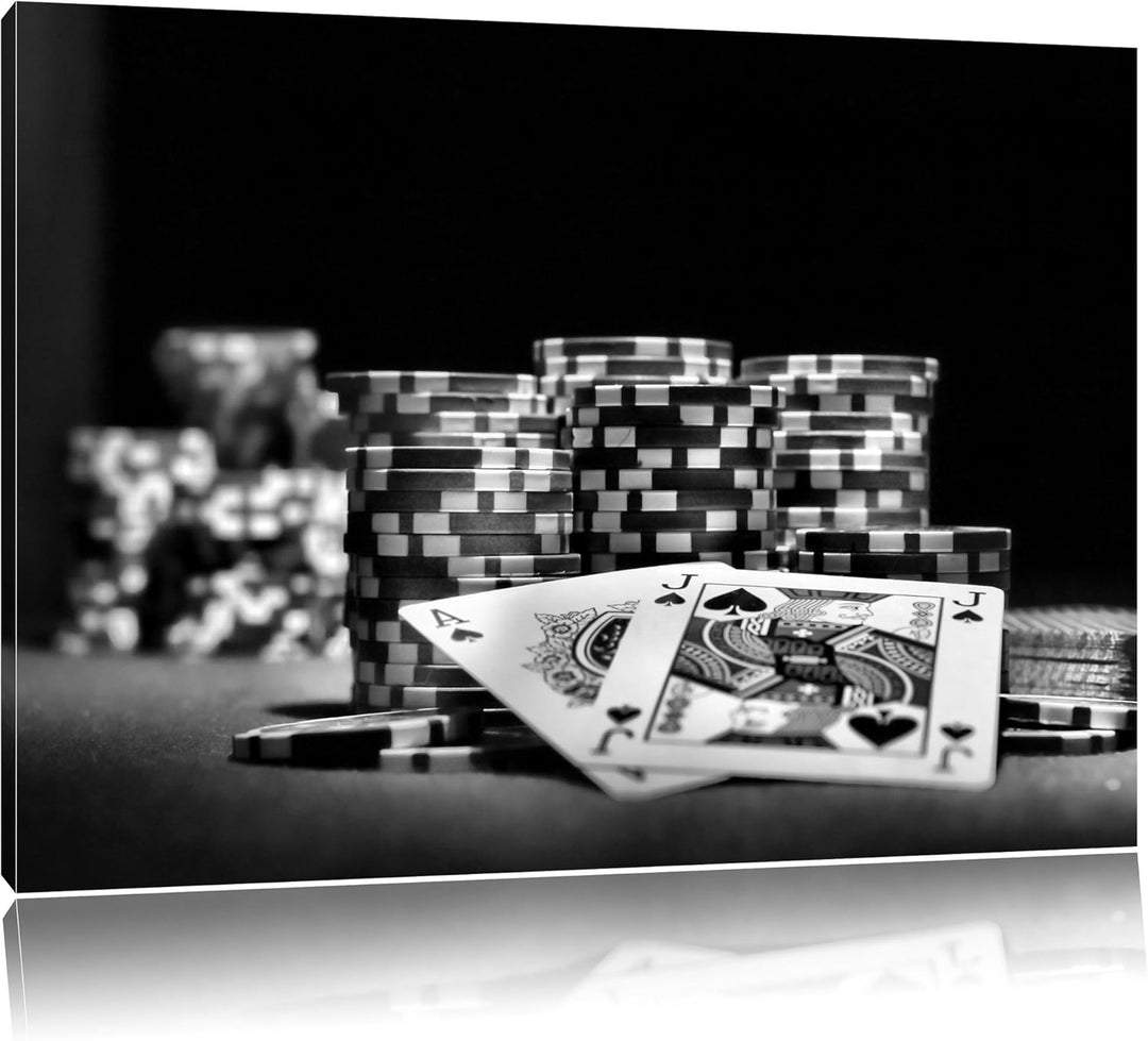 Pixxprint Monocrome, Pokertisch mit Karten in Las Vegas, Format: 100x70 auf Leinwand, 100x70