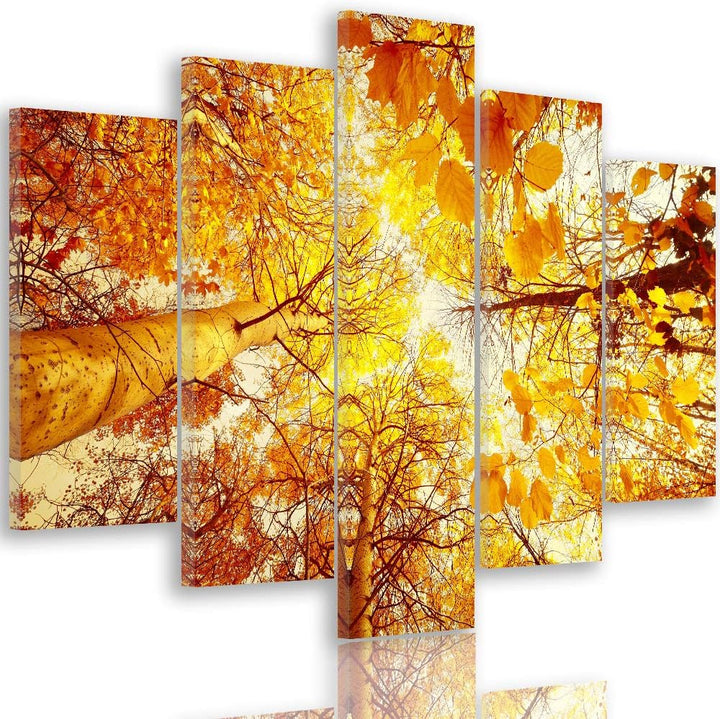 Leinwandbild 5 Teilig Landschaft Bild Wanddeko Herbst Bäume Blätter orange 200x100 cm Leinwandbild 2