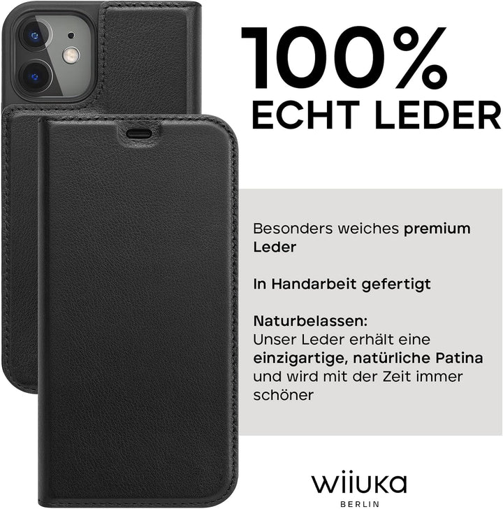 WIIUKA Echt Ledertasche - TRAVEL - Hülle für iPhone 11, mit Kartenfach, extra Dünn, Tasche Schwarz,