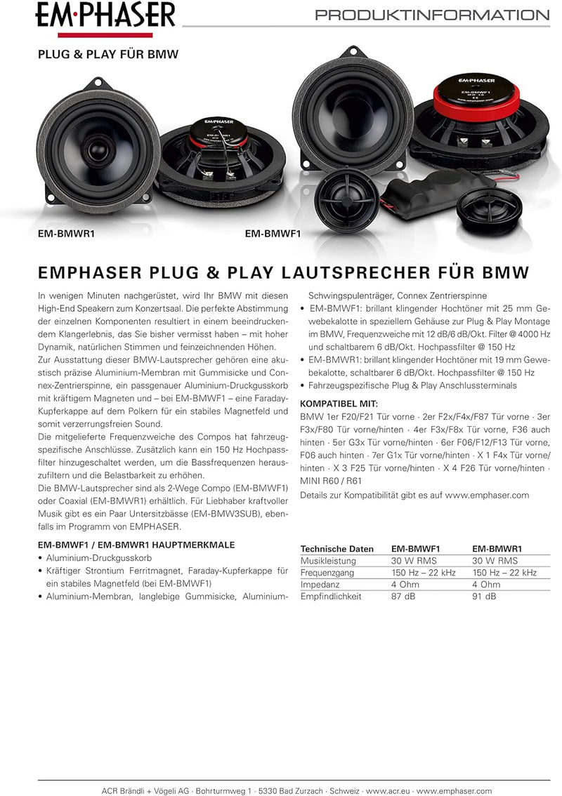 EMPHASER EM-BMWF1 – 10 cm Komponenten System, Autolautsprecher Set, kompatibel mit BMW und Mini, Plu