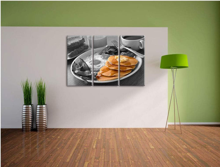 Leckere Pancakes zum Frühstück schwarz/weiss 3-Teiler Leinwandbild 120x80 Bild auf Leinwand, XXL rie