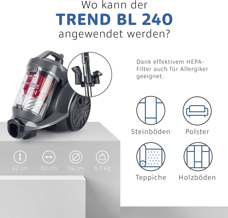 Fakir BL 240 Trend - Premium Staubsauger beutellos, Staubsauger HEPA 13, Langes Kabel und sehr stark