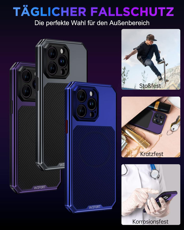 WIFORT Magnetisch Metall Hülle für iPhone 14 Pro Max mit 2 Stück Schutzglas, Militärnorm Stossfest H
