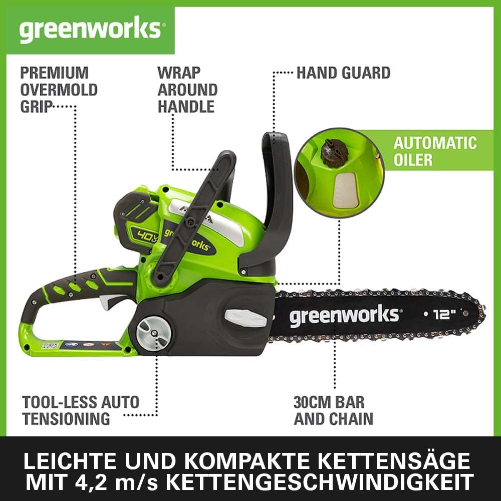 Greenworks G40CS30K2 Akku Kettensäge mit Akku und Ladegerät, 30 cm Blattlänge, 4,2 m/s Kettengeschwi