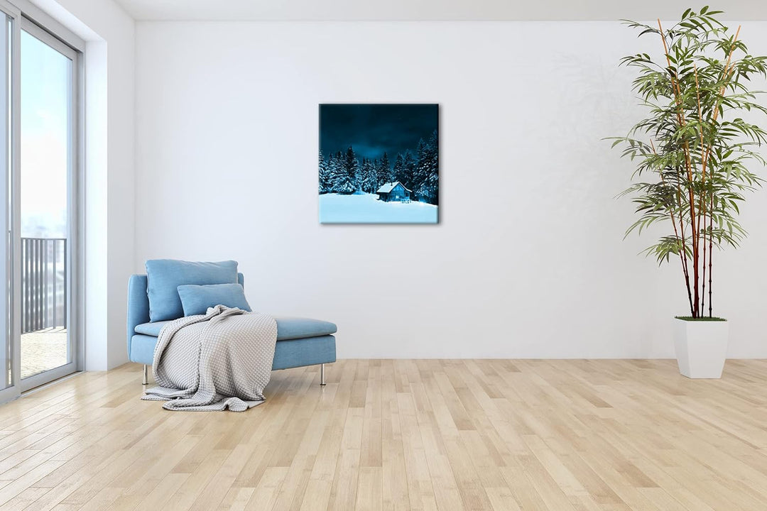 kleine Skihütte auf dem Gipfel Format: 70x70 Effekt: Monocrome Blau als Leinwandbild, Motiv fertig g