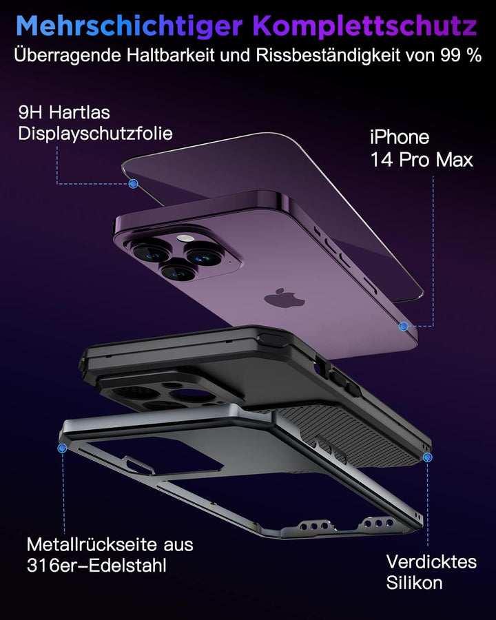WIFORT Magnetisch Metall Hülle für iPhone 14 Pro Max mit 2 Stück Schutzglas, Militärnorm Stossfest H