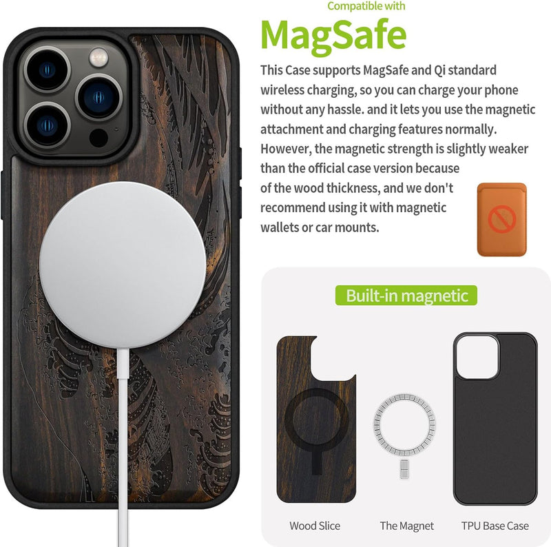 Carveit Handyhülle für iPhone 15 Pro Max Cover Kompatibel mit Magsafe [Holz und TPU Silikon Hybrid h