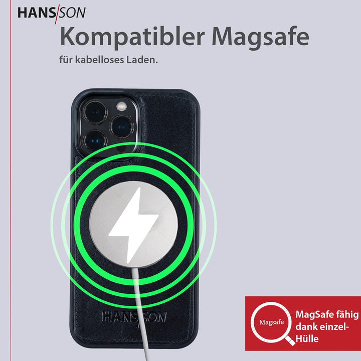 HANS/SON Hülle aus Echtleder mit Kartenfächern | iPhone 12 Pro Max Klapphülle in Schwarz | Geldbeute