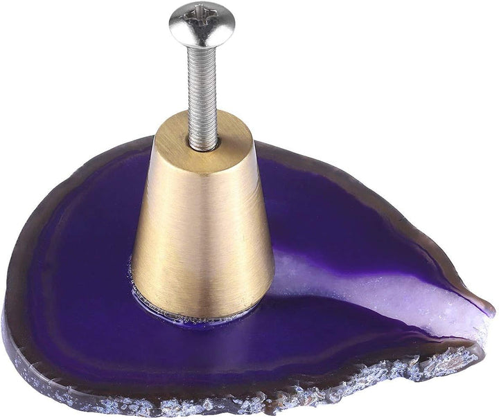 KYEYGWO 4 Stück Violett Unregelmässig Achat Scheiben Möbelknöpfe mit Schraube, Messing Schubladenknö