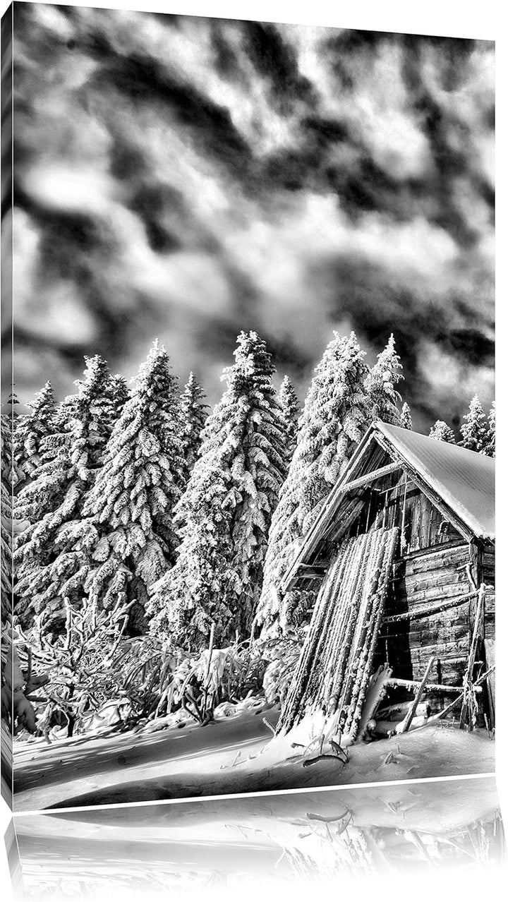 Pixxprint Holzhütte im Schnee / 100x70cm Leinwandbild bespannt auf Holzrahmen/Wandbild Kunstdruck De