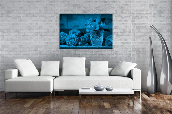 deyoli Glas voller Rosen Format 80x60 Effekt: Monocrome Blau als Leinwandbild, Motiv fertig gerahmt