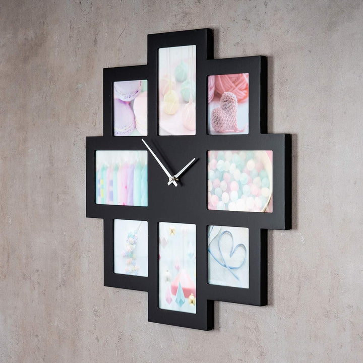 levandeo Wanduhr Schwarz 48x48cm Holz Bilderrahmen 8 Fotos Fotorahmen Collage Fotouhr Uhr Küchenuhr