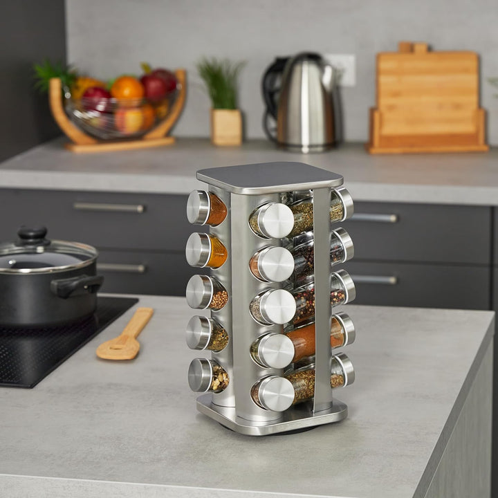 Relaxdays Gewürzkarussell, 20 Gewürzgläser, 40 Etiketten, 360° drehbar, Edelstahl, Glas, HBT: 33,5 x