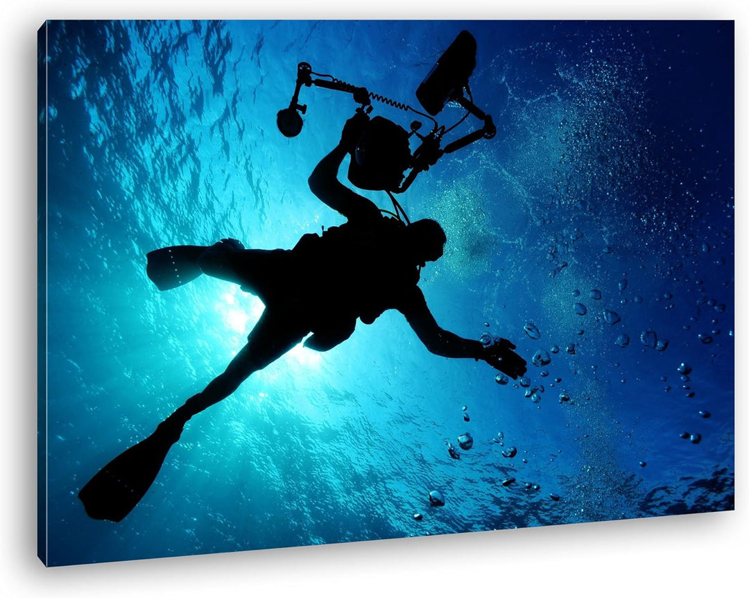 deyoli Taucher im tiefen Ozean Format: 80x60 als Leinwand, Motiv fertig gerahmt auf Echtholzrahmen,