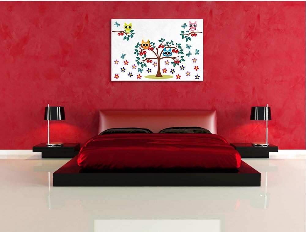 Pixxprint Bäume mit süssen Eulen weiss, Format: 100x70 auf Leinwand, 100x70