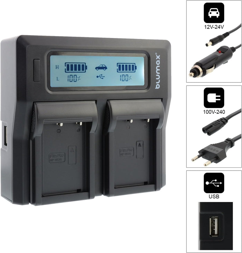 Blumax Doppelladegerät für Fujifilm NP-W126 | NP-W126s Dual Charger|kompatibel mit Fujifilm X-T1 X-T