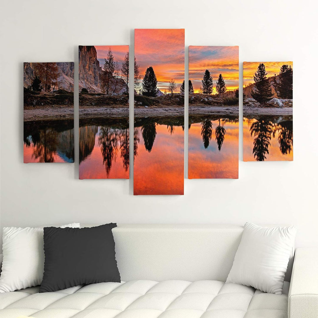 Wandbild Landschaft 200x100 cm Deco Panel 5 Teilig XXL Kunstdruck Berg See rot Deco Panel XXL 200x10