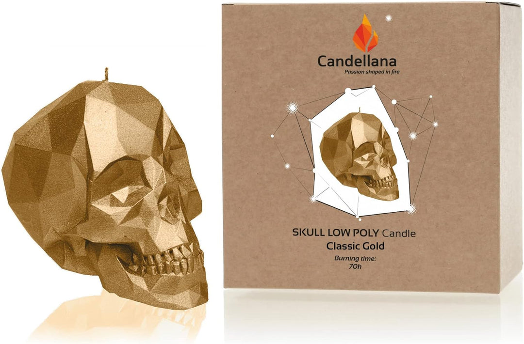Candellana Kerze Kleiner Schädel Low Poly | Höhe: 12 cm | Klassisches Gold | Totenkopf | Handgeferti