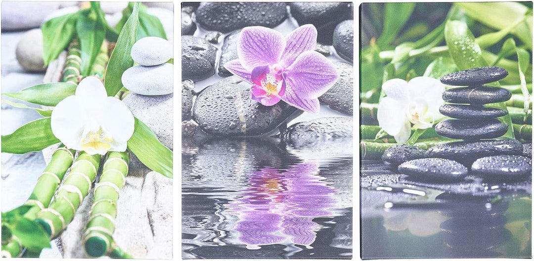 3er Set Wandbild je 30x20cm Leinwand Orchideen Bambus Wellness Deko Wanddeko Keilrahmen, Leinwand