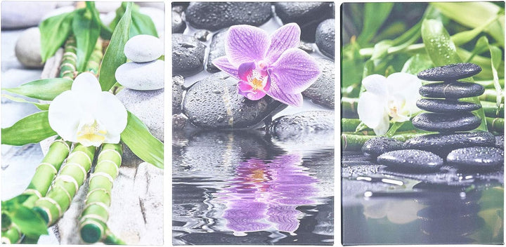3er Set Wandbild je 30x20cm Leinwand Orchideen Bambus Wellness Deko Wanddeko Keilrahmen, Leinwand