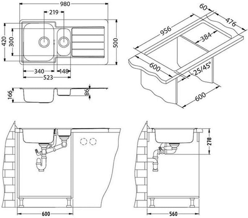 VBChome Einbauspüle 98 x 50 cm mit Hahnloch Abtropffläche Links Camping Küchenspüle - Satinstruktur